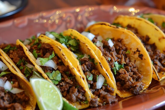 Foto un plato de tacos con una cuña de limón en él