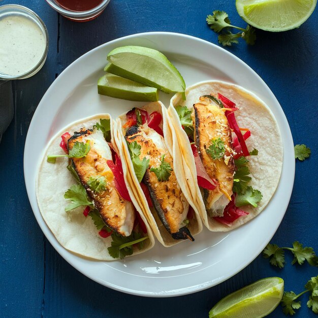 Foto un plato de tacos con un lado de limas y aguacate