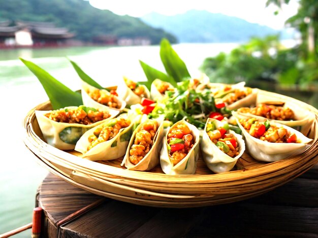 Foto un plato de tacos con un lago en el fondo