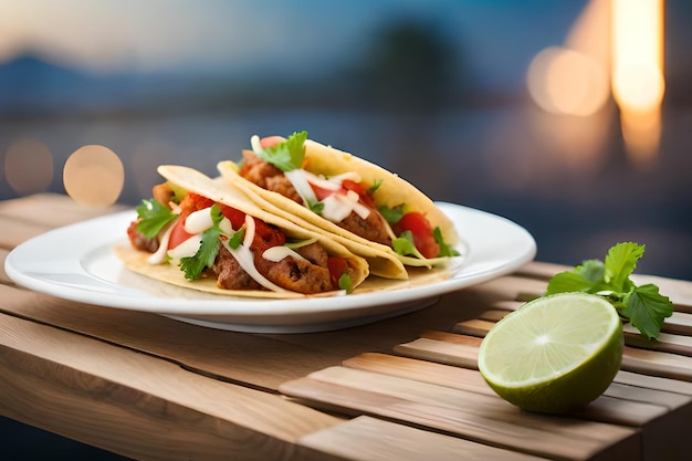 Un plato de tacos con una lima al lado