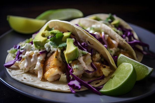 Un plato de tacos con limas y una lima al lado