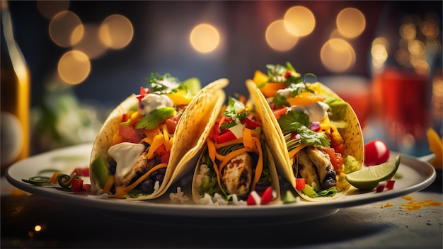 Un plato de tacos con una luz de fondo