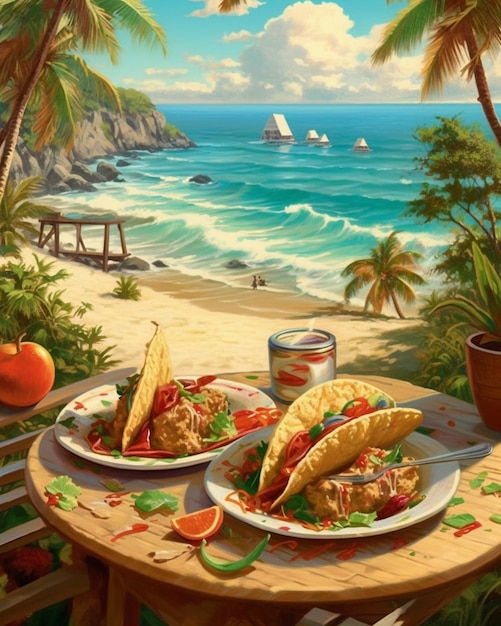 Plato de tacos mexicanos en una playa con vistas