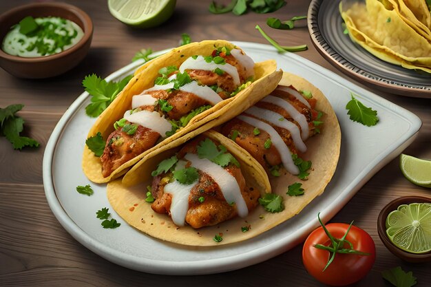 Un plato de tacos con un plato de comida encima.