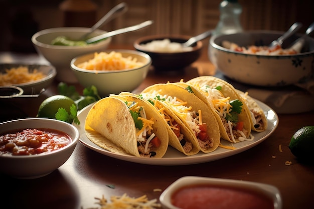 Un plato de tacos con un plato de salsa al lado