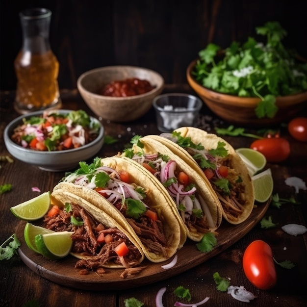 Un plato de tacos con un plato de salsa y un plato de salsa al lado.