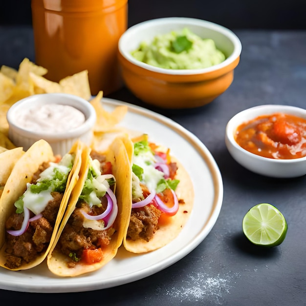 Un plato de tacos con un plato de salsa y un plato de salsa.