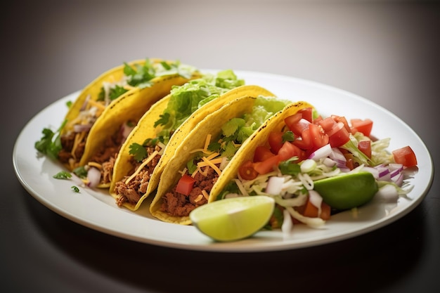 Un plato de tacos con una rodaja de lima al lado