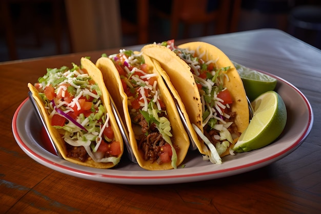 Un plato de tacos con una rodaja de lima al lado