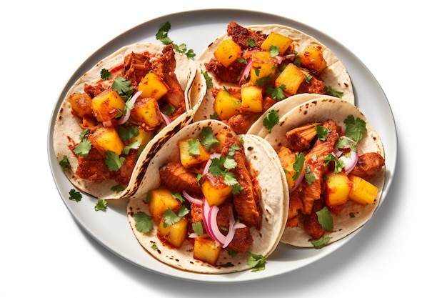 Un plato de tacos con salsa de mango encima