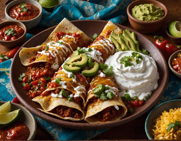 un plato de tacos y tortillas con un lado de salsas