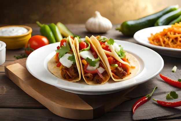 Un plato de tacos con una variedad de verduras sobre la mesa.