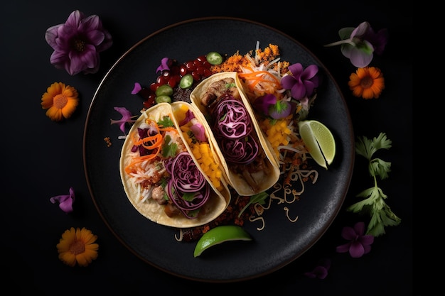 Un plato de tacos con varios ingredientes que incluyen carne de res, cerdo y verduras.