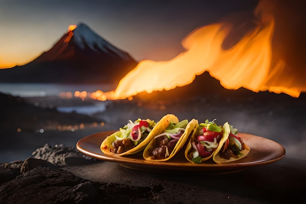 Foto un plato de tacos con un volcán de fondo