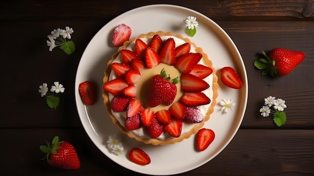 Un plato de tarta de fresa con una fresa encima