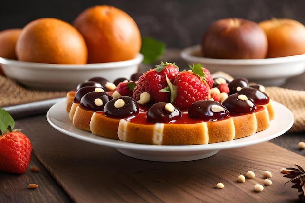 Un plato de tarta de frutas con una fresa encima