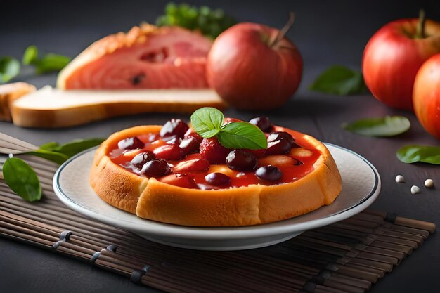 Un plato de tarta de frutas con una rodaja de manzana al lado