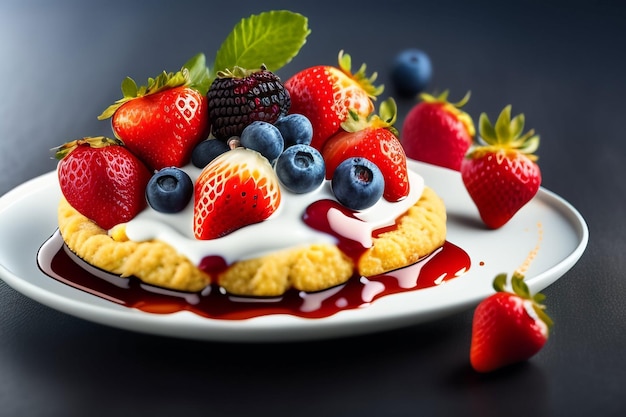 Un plato de tarta de frutas con salsa de fresa