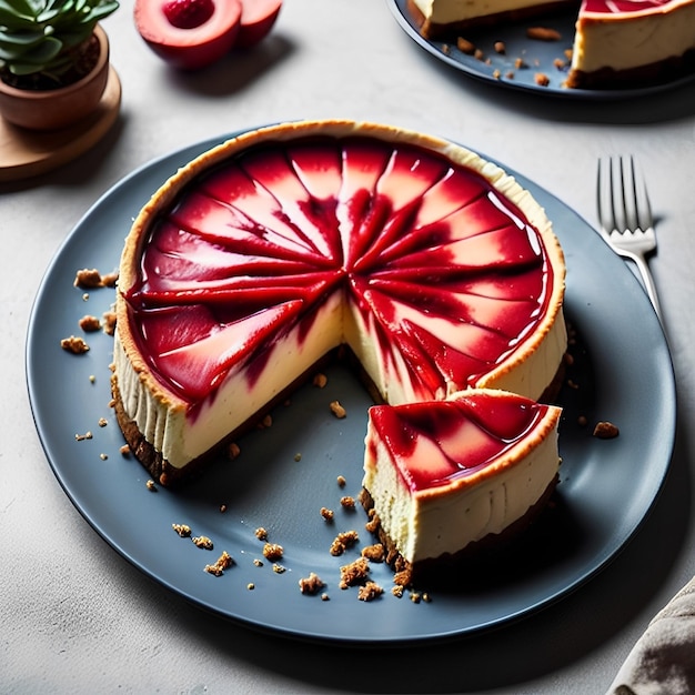 Un plato de tarta de queso al que le falta un trozo.