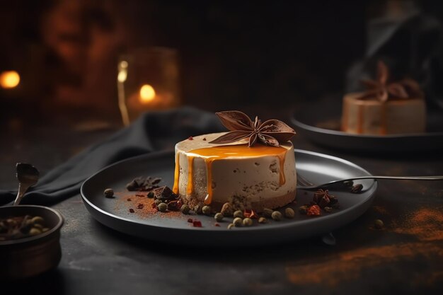 Un plato de tarta de queso con caramelo y un lazo.