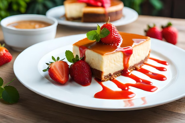 Un plato de tarta de queso con una fresa encima