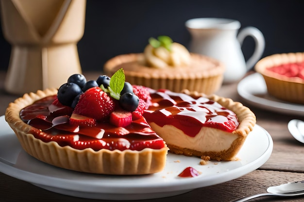 Un plato de tarta de queso con una rebanada sacada