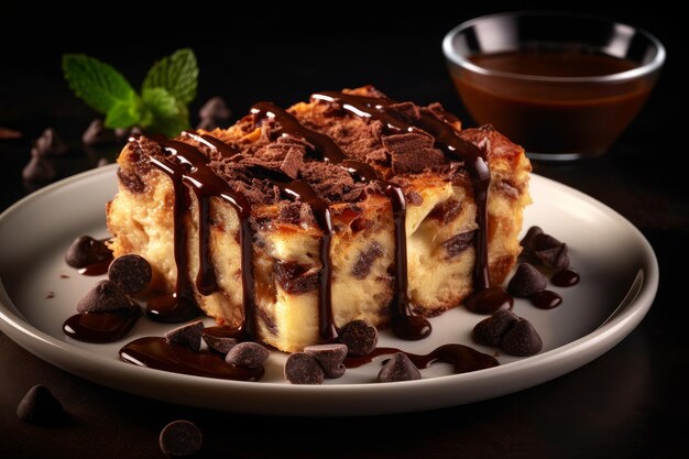 Un plato de tarta de queso con salsa de chocolate y pepitas de chocolate