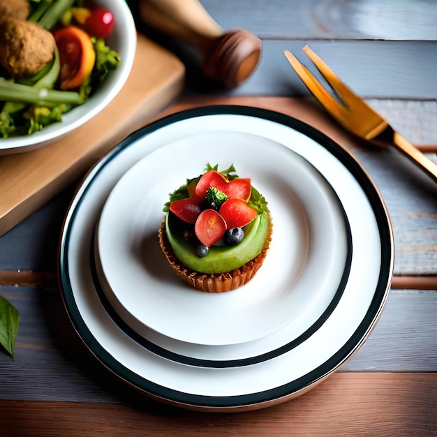 Un plato con una tarta verde y un plato de comida en él