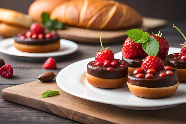 Un plato de tartas de chocolate con una fresa encima