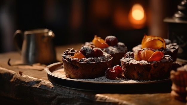 Un plato de tartas de frutas con una chimenea al fondo.