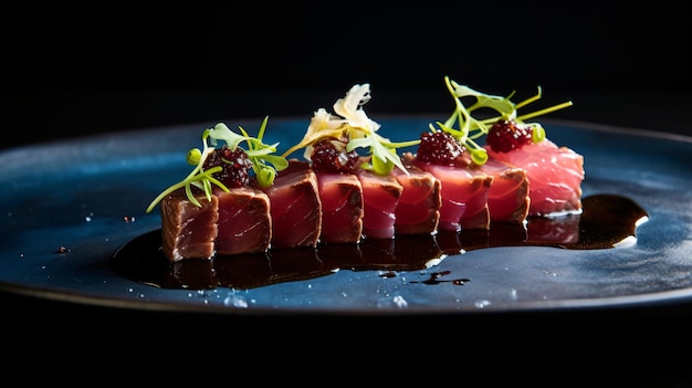 Un plato de tataki de atún maguro con bordes quemados