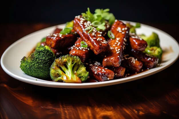 Un plato de tempeh teriyaki vegano con brócoli al vapor