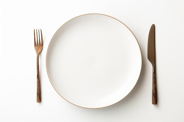 Un plato con un tenedor y un cuchillo al lado.