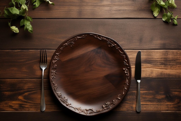 Un plato con tenedores en una mesa de madera