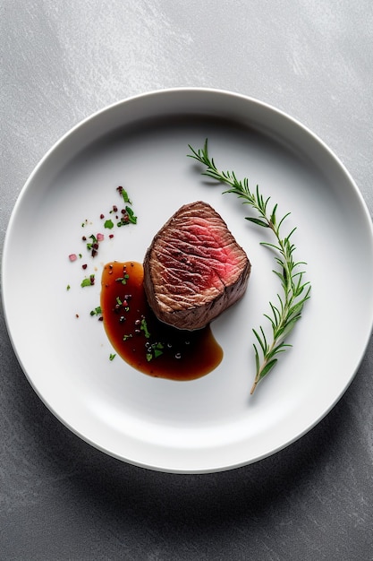 Un plato de ternera con una ramita de romero.