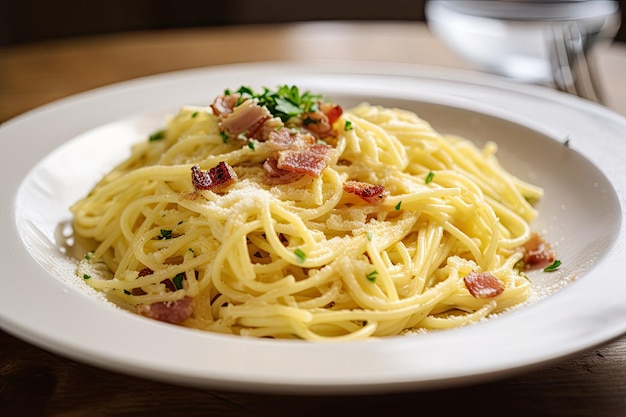 Plato tibio de espagueti a la carbonara cubierto con tocino crujiente creado con inteligencia artificial generativa