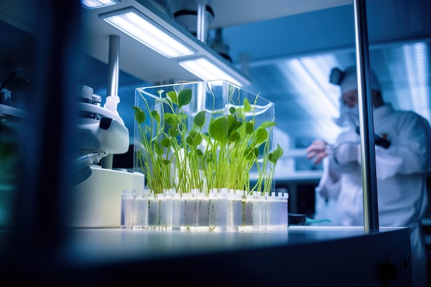 Plato con tierra y planta germinada sobre química biológica de mesa blanca