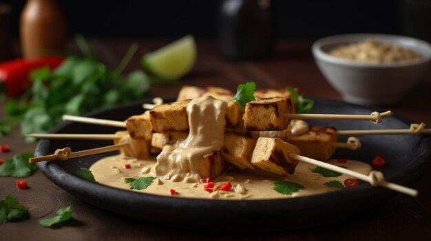 Un plato de tofu con una cuchara de madera encima