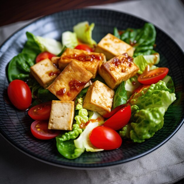 Un plato de tofu con lechuga y tomate encima.