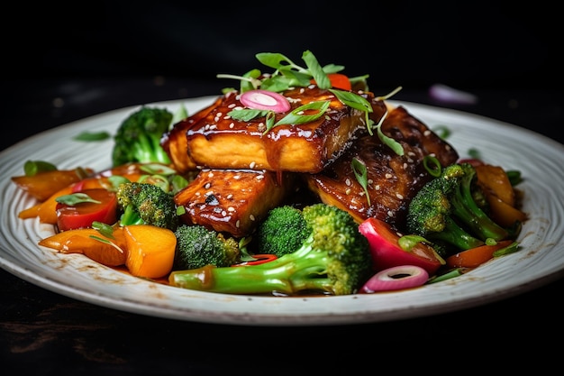 Un plato de tofu con mango y verduras fritas