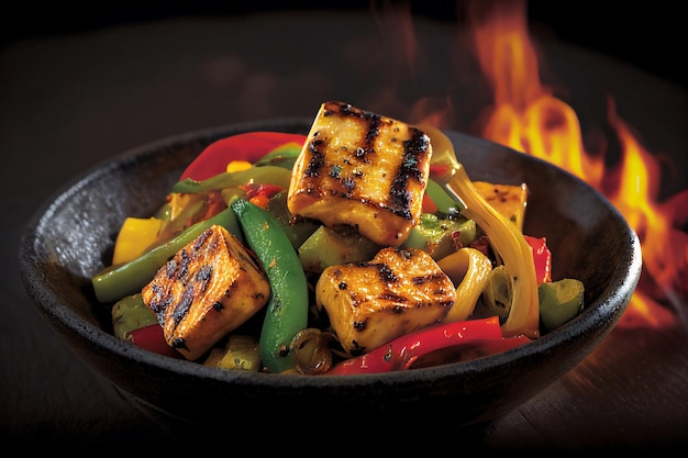 Un plato de tofu con pimientos y pimientos