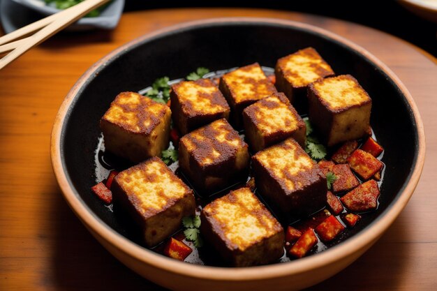 Un plato de tofu con un plato de verduras al lado.