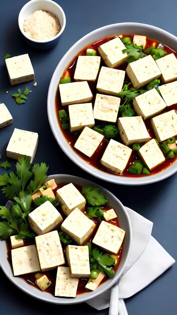 un plato de tofu con una salsa roja y una hoja verde