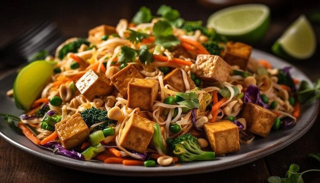 Un plato de tofu salteado con una rodaja de lima