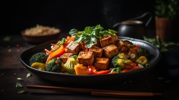 Un plato de tofu con un tazón de salteado