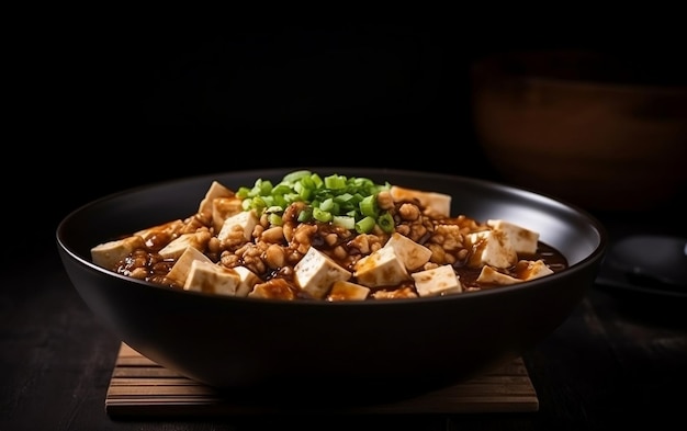 Un plato de tofu y tofu con cebollas verdes sobre un fondo negro