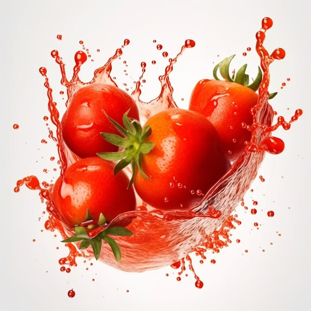 Un plato de tomates con agua salpicando a su alrededor