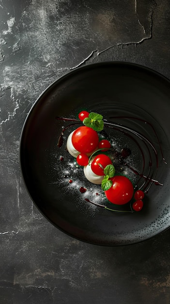 un plato de tomates cereza y una cereza en una mesa