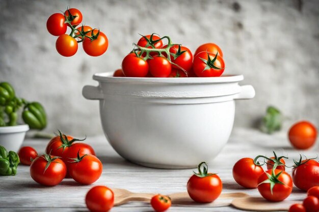 Foto un plato de tomates cereza está en una mesa de madera