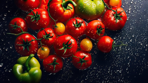 Un plato de tomates con gotas de agua.